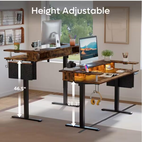58 in. Rectangular Rustic Brown Wood Sit to Stand Desk with Monitor Stand and Cup Holder